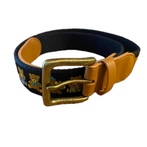 Teddy Fresh Multi Bear Embroidered Canvas Leather Belt Brass Buckle M/L